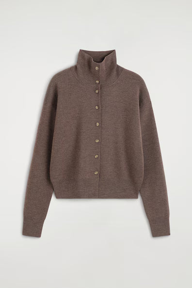 Mocha Button-Front Turtleneck Cardigan