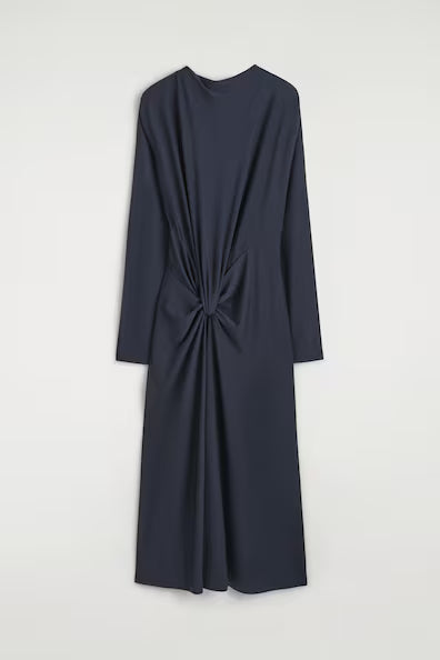 Navy Cinched-Waist Midi Dress