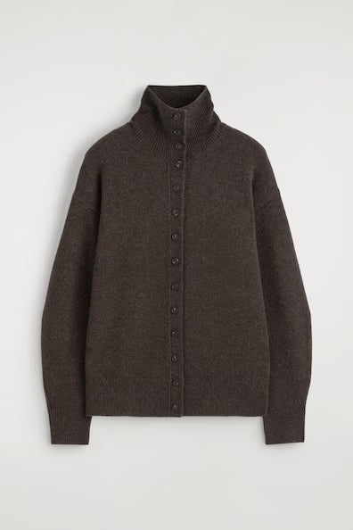 Espresso Brown Button-Front Turtleneck Cardigan