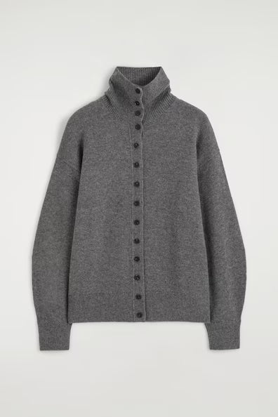 Charcoal Grey Button-Front Turtleneck Cardigan
